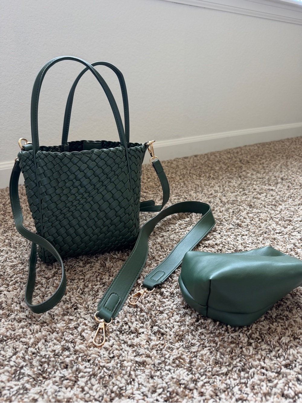 Woven Mini Hollace Tote in Forest Green with Removable Strap
